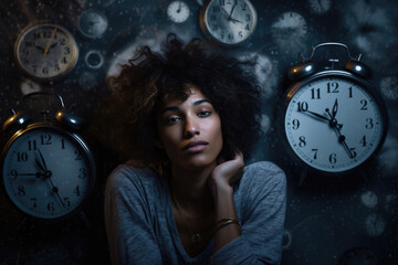 A woman of African descent is staring at a clock, a reminder that time is always moving forward and...