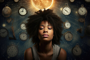 A woman of African descent is buried under a pile of clocks and alarms, a symbol of the stress and anxiety of deadlines - obrazy, fototapety, plakaty