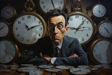 A manager is surrounded by clocks and papers, a reminder that we all face the pressure of deadlines and time management - obrazy, fototapety, plakaty