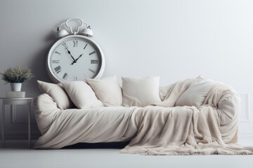 White sofa against a white wall with a large white alarm clock. Concept of time management, daily routine, circadian cycle
