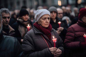 A group of people dressed in warm clothes walk silently down a street, their candles flickering in the darkness, a reminder of the fragility of life