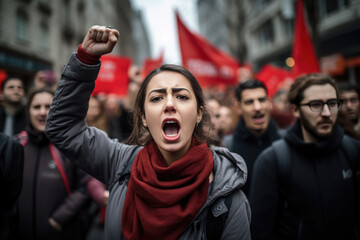 Demonstrations and protests on the city streets. A young woman shouts a cry against the backdrop of a crowd of people - obrazy, fototapety, plakaty