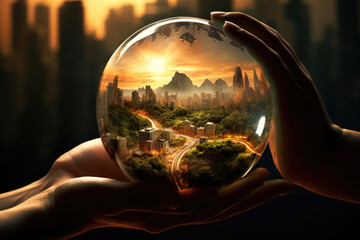 Concept of saving the world. Ecological picture. A round glass ball inside of which there is a city...