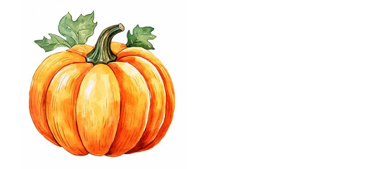 Orange pumpkin on a white background with space for text. Pumpkin on white watercolor illustration. Thanksgiving background. Halloween greeting card.