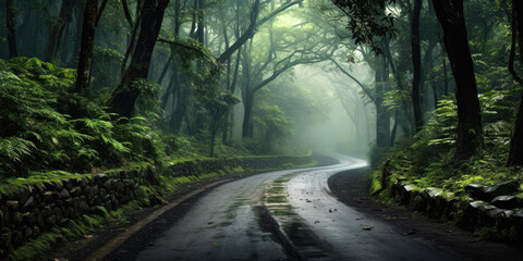 Fototapeta premium Road through a deep forest. Generative AI