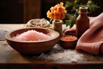 Obraz na płótnie Canvas Concept spa treatment. Himalayan salt in a wooden bowl