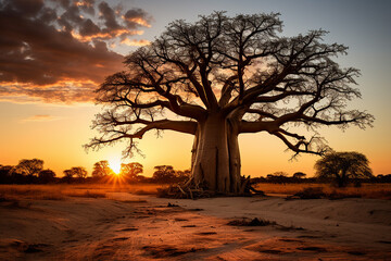 African baobab in the savannah at sunrise, generative AI - obrazy, fototapety, plakaty