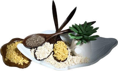 Cereals in a wooden spoon, white background