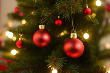 Large, and small red Christmas ornaments hanging on a Christmas tree, Generative AI