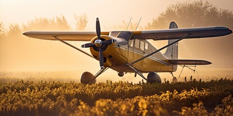 Agricultural aircraft sitting on top of a dirt field / Agricultural field - morning mist feald 