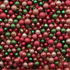 Wall of red and green Christmas ornament baubles, Generative AI