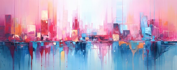 Abstrakcyjna panorama rozświetlonego kolorowymi neonami. - obrazy, fototapety, plakaty