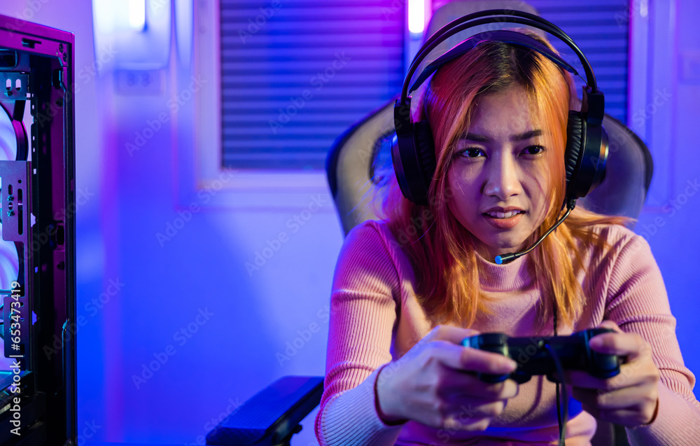 Aufkleber gamer using joystick controller for virtual tournament plays online video game with computer neon li