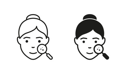 Dermatology Examination of Woman Skin Line and Silhouette Black Icon Set. Skincare Checkup of Girl Face with Magnifier Pictogram. Facial Skin Care Symbol Collection. Isolated Vector Illustration