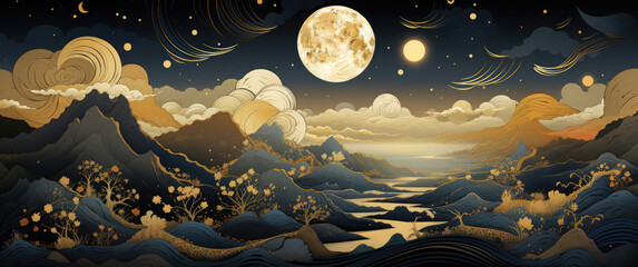 abstract natural landscape background with mountains and the moon