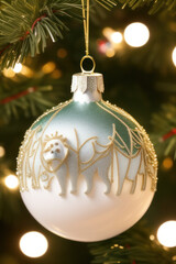 White-Gold Christmas tree ornament hanging on branches, Generative AI