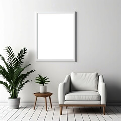 Mock up poster frame in interior background, Scandinavian style, 3D render. The interior is in light colors. 3D illustration