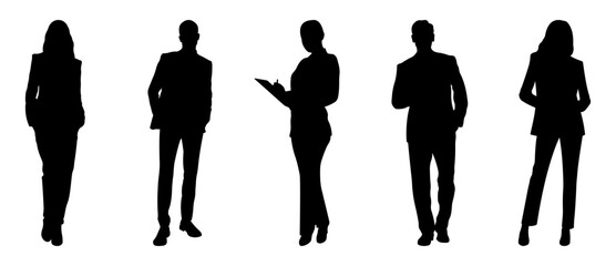 Silhouettes of men and women.Group of standing business people.Vector illustration,isolated on white background.