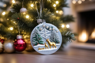 Reindeer Christmas ornament against pine branches, Generative AI