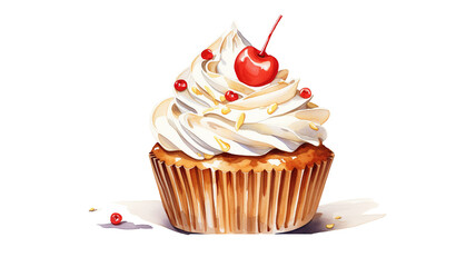 Cupcake with cherry on a white background. Tasty wedding cupcake. Watercolor illustration of sweet dessert cupcake. Hand drawn cream cupcakes for bakery logo and birthday decoration. - obrazy, fototapety, plakaty