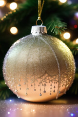 Golden laced Christmas ornament with a Christmas tree in the background, Generative AI