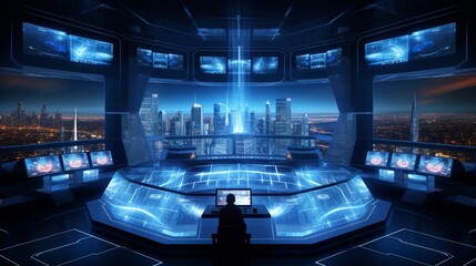 an enticing image of a futuristic control center where Data Analytics powers real-time decision support systems with precision and sophistication