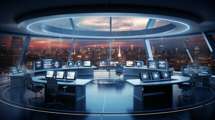 an enticing image of a futuristic control center where Data Analytics powers real-time decision support systems with precision and sophistication