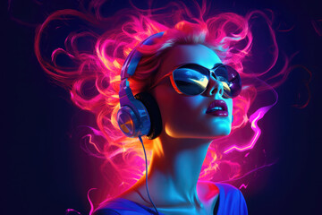 shiny electrical energy woman with headphones and sunglasses listening  to musc