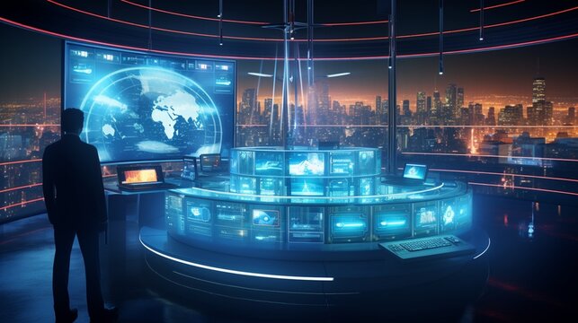 an enticing image of a futuristic control center where Data Analytics powers real-time decision support systems with precision and sophistication