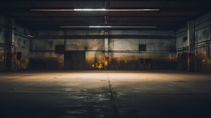 Deserted and Dim Garage Space - obrazy, fototapety, plakaty