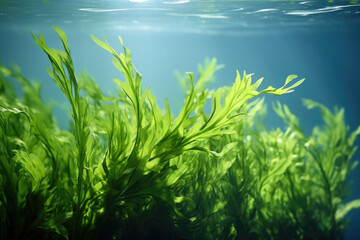 Fototapeta na wymiar Detailed view of plant immersed in water. This image can be used to depict beauty of aquatic flora and tranquility of underwater environments
