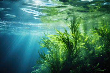 Fototapeta na wymiar Underwater view of plant in water. This image can be used for nature or aquatic-themed projects