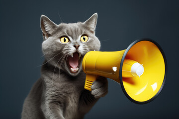 Fototapeta premium Gray cat holding yellow megaphone in its mouth. This image can be used to represent communication, advertising, or promotion