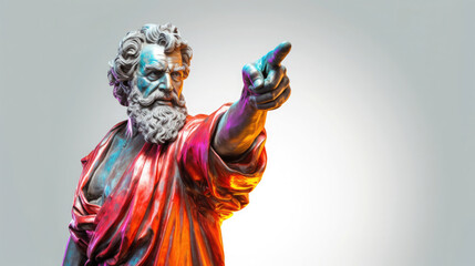 colorful statue pointing with his index finger on white background