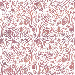 Abstract seamless pattern on transparent background. Paper texture, pink watercolor stains and threads of golden glitter on pattern. (pattern: sp03b)