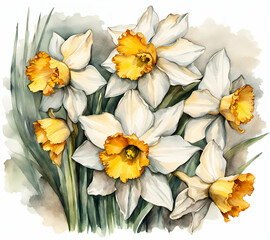 Yellow narcissus flower on paper, drawing watercolor painting