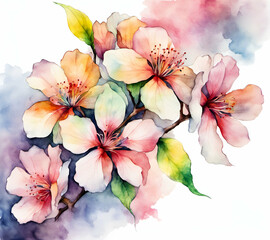 Rainbow cherry sakura flower on paper, drawing watercolor painting