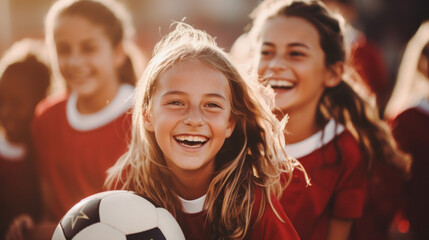 Happy football team of tween girls celebrating together - obrazy, fototapety, plakaty