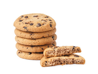 Stack of tasty cookies with chocolate chips on white background