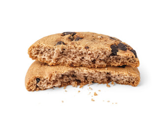 Broken tasty cookie with chocolate chips on white background