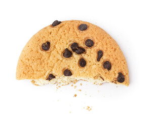 Piece of tasty cookie with chocolate chips on white background