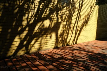 Yellow Brick Wall with Tree Shadow, Herringbone Red Brick Ground, Angled Daylight Shot with Clear Sky Corner