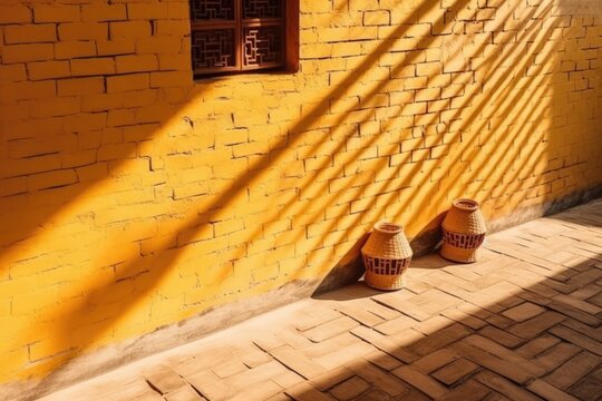 Bright Orange Wall with Woven Baskets, Wooden Shutter, Metal Grate Window, and Tiled Ground in Sunlight.