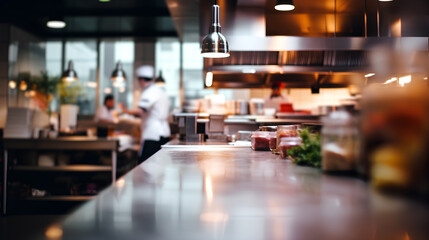 chef is preparing food in a kitchen - blurred background - generative AI