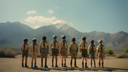 1970s Boy Scouts group portrait in mountains - obrazy, fototapety, plakaty
