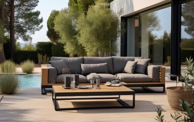 Fototapeta premium A set of modern sofa and coffee table in the courtyard. Generative AI
