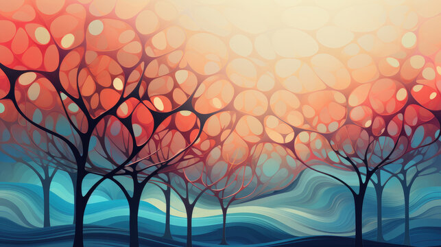 Tranquil Tree Landscape: Peaceful Background Wallpaper Illustration