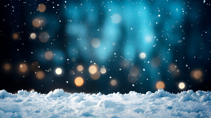 Christmas bokeh background with snow and snowflakes - Empty snowy podium - Copy space