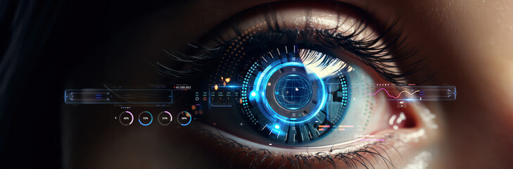 closeup of a human eye with virtual hologram elements for surveillance and digital ID verification or Lasik vision laser correction as wide banner with copy space area