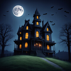 Fototapeta na wymiar Creepy Haunted House with Full Moon, Bats Flying Overhead, Night, Horror, Halloween